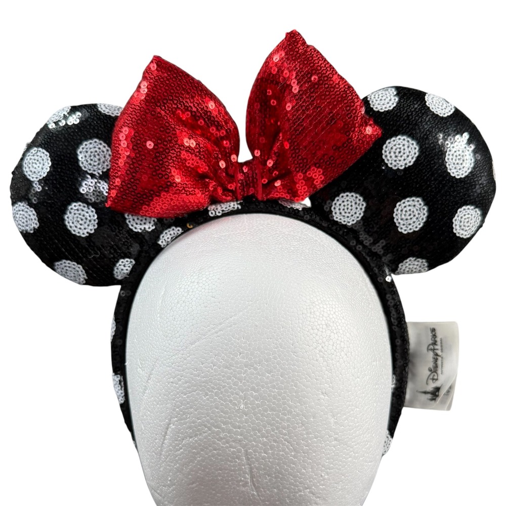 Disney Parks Minnie Mouse Polka Dot Sequin Headband Black White Ears Accessory